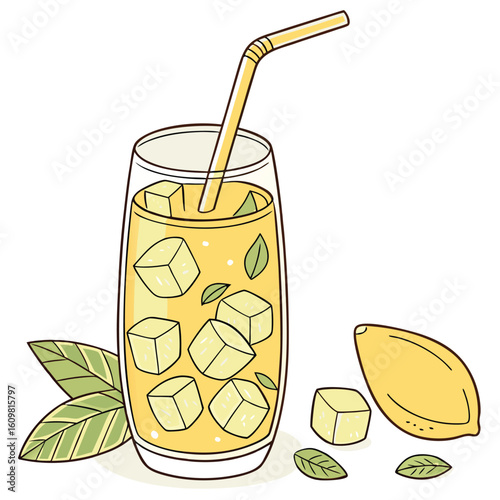A vibrant refreshing glass of mango lassi with ice cubes perfect for summer drinks and tropical beverage designs