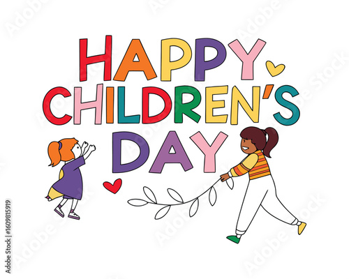 Happy Childrens Day Colorful Illustration with Two Girls