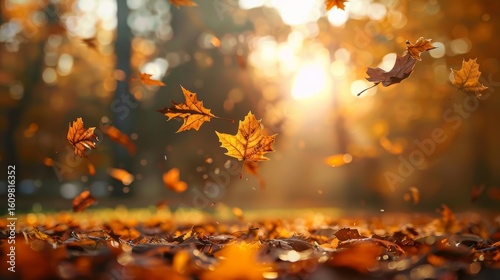 Falling autumn maple leaves backlit by a bright golden sunburst in a vibrant forest