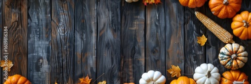 Autumn harvest double border of pumpkins and flowers on a rustic wood banner background