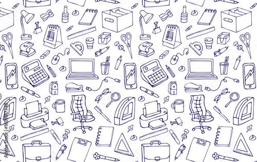 seamless pattern of office and school items, hand-drawn in cartoon style on a white background.