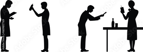 Vector art of silhouettes of scientists conducting experiments and analyzing results in a laboratory setting isolated on transparent background.