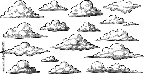 Vintage hand-drawn cloud illustration set, engraved sketch style clouds collection, retro weather design elements, black and white sky graphics
