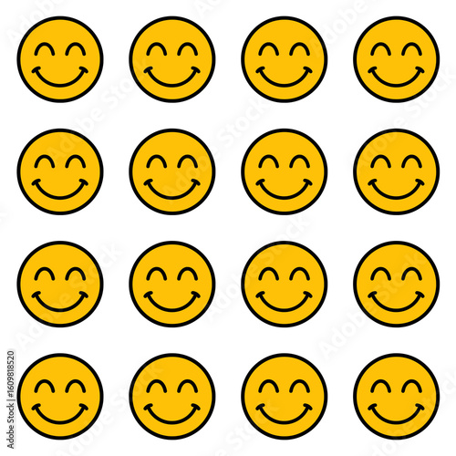 A seamless pattern of yellow happy face icons with black outlines, perfect for conveying positive emotions, happiness, and a good mood. Ideal for backgrounds, web design, and social media.