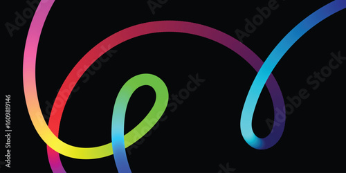 Vibrant Rainbow Lines Intertwined on a Black Background. An abstract image featuring several interconnected, curved lines in a spectrum of vibrant colors, against a solid black background.