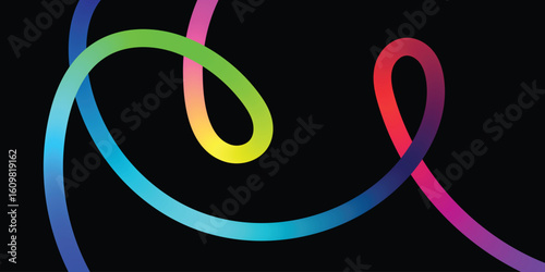Vibrant Rainbow Lines Intertwined on a Black Background. An abstract image featuring several interconnected, curved lines in a spectrum of vibrant colors, against a solid black background.