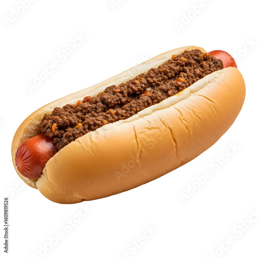 Chili dog isolated against black background