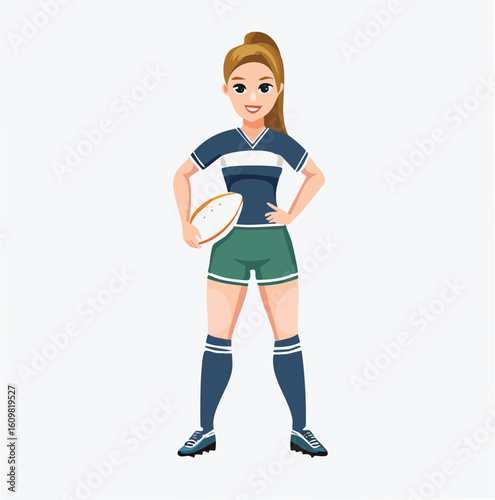 A smiling young woman in athletic attire holds a rugby ball, ready to play.