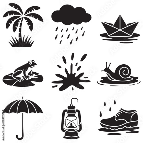 Collection of nine black and white silhouette icons representing weather and nature elements including a palm tree rain cloud paper boat frog snail umbrella lantern and shoe