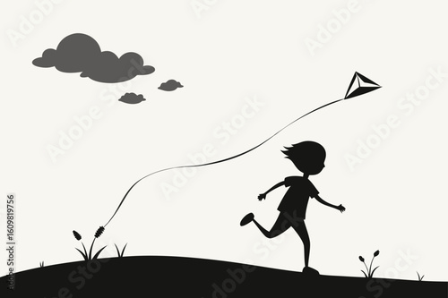 Black silhouette of a child running with a kite in a field