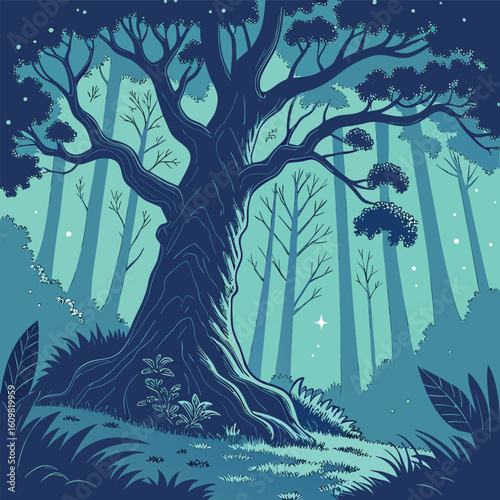 An ancient majestic tree bathed in a vibrant magical blue glow evoking fantasy nature and enchantment
