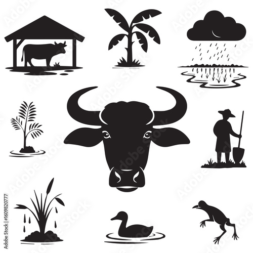 Collection of rustic farm and nature silhouettes featuring a bull head farmer cow palm tree rain and wildlife