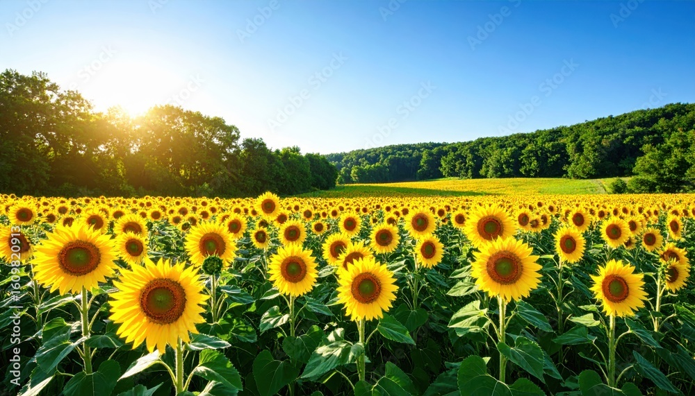 Fototapeta premium Golden Sunflower Field Under Bright Blue Sky with Lush Green Trees and Sunlight