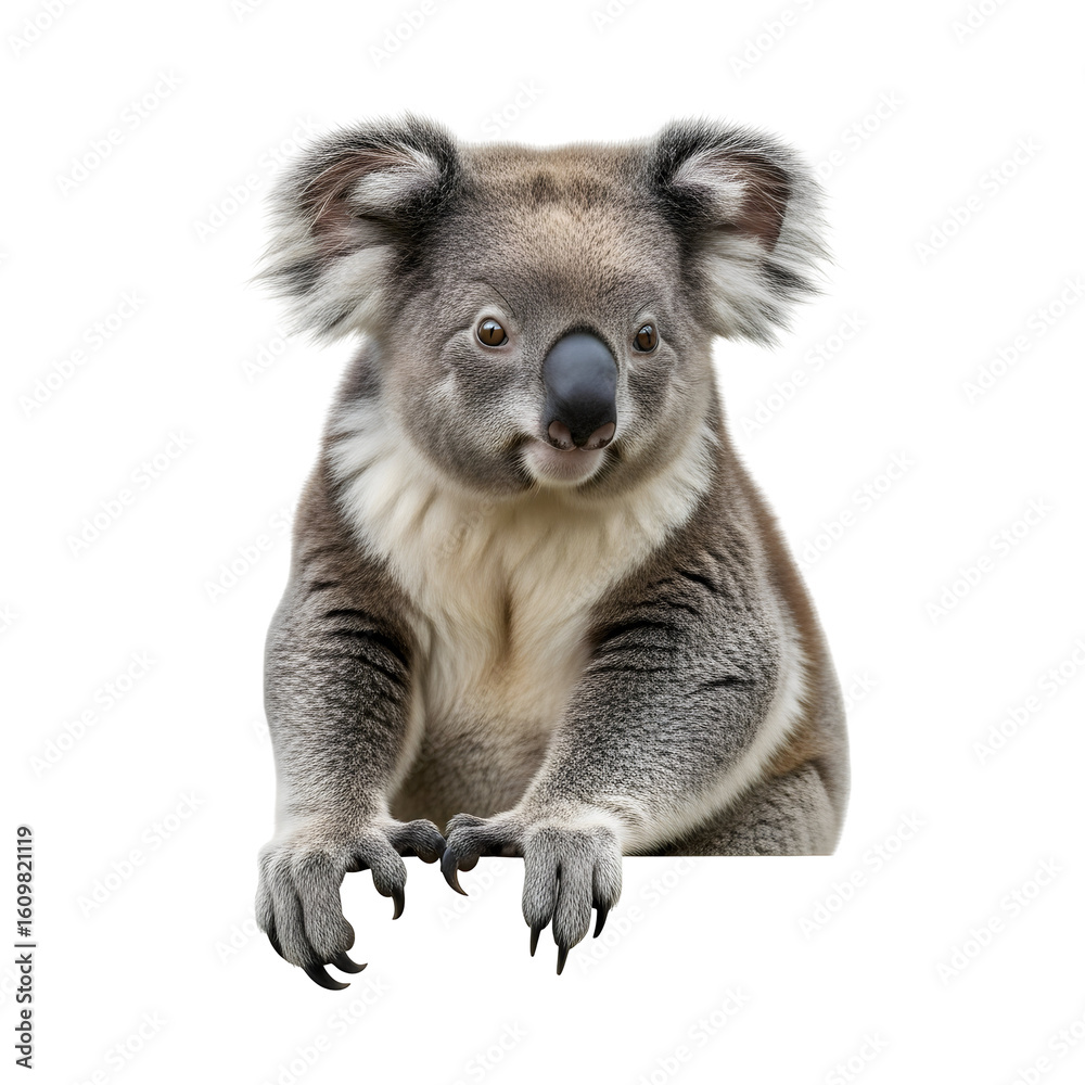 Fototapeta premium Koala bear hanging looking directly forward