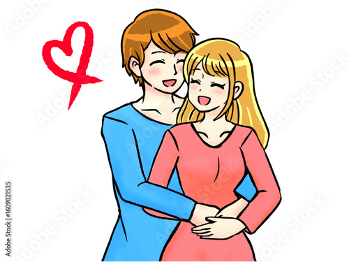 後ろからバックハグするカップルのイラスト素材