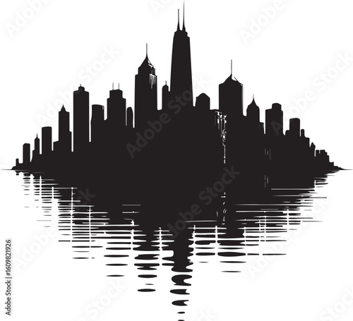 Black skyline silhouette with water reflection white buildings