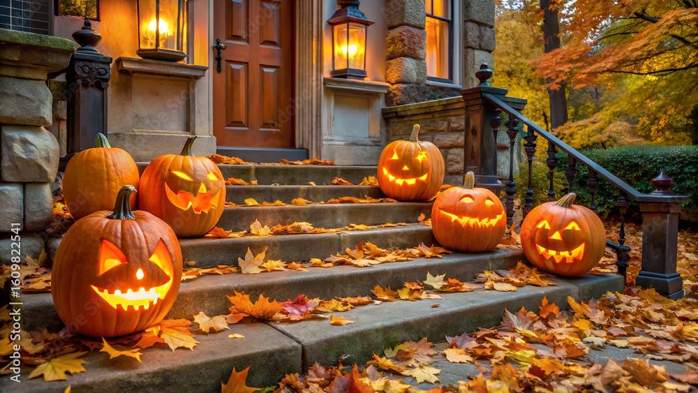 Obraz premium Photo of glowing jackolanterns and fallen autumn leaves adorn the steps of a house on a spooky halloween night