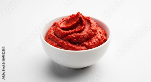 A white ceramic bowl filled with a swirl of thick, rich red tomato paste on a clean white background.