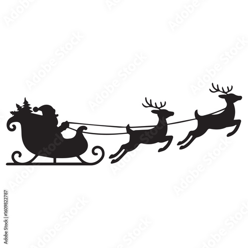 Silhouette of santa claus riding in his sleigh pulled by two reindeer against a white background during christmas