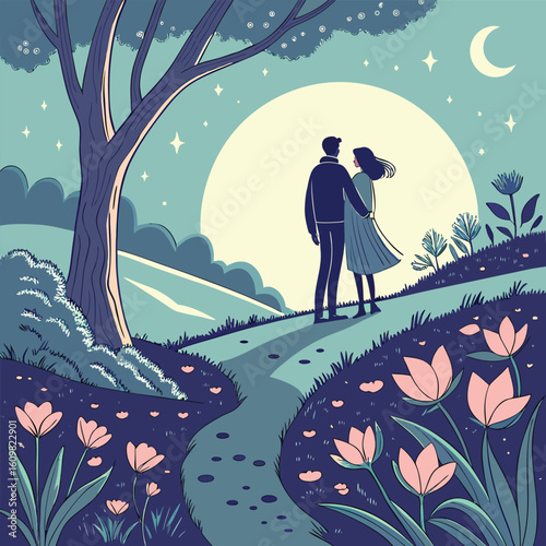 A romantic couple stands together under a luminous moon sharing a tender moment in a serene night scene perfect for love and relationship themes