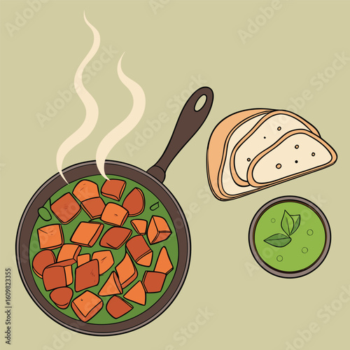 Vibrant illustration of a sizzling pan filled with delicious chicken tikka being served perfect for culinary themes and indian food promotion