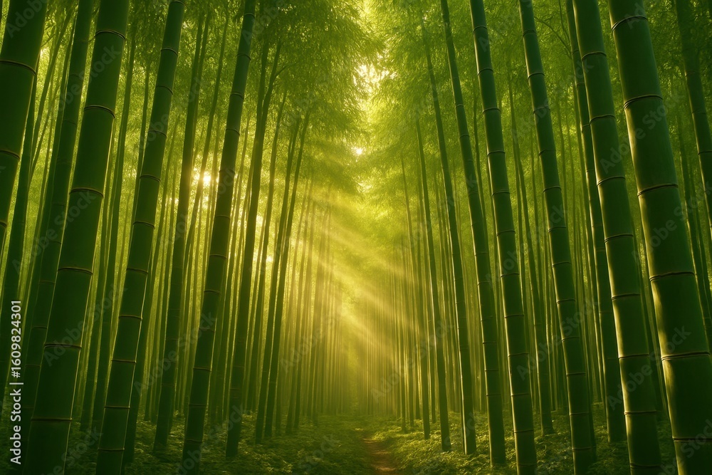 Fototapeta premium A breathtaking bamboo grove where sunlight pierces the lush green canopy