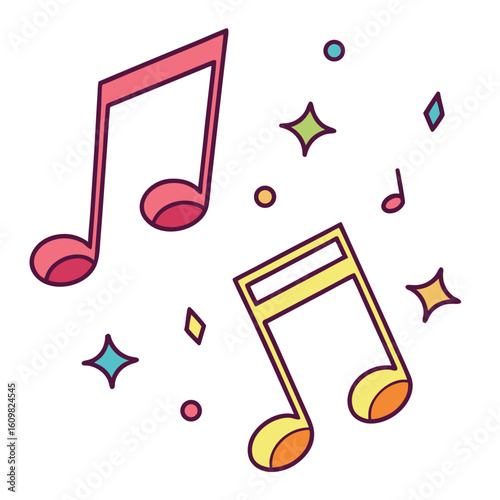 Vibrant illustration of floating cartoon music notes. Whimsical and melodic symbols with colorful sparkles on an isolated background.