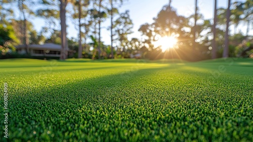 Fototapeta Naklejka Na Ścianę i Meble -  Grassy field, sunny day, with distant trees/house