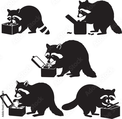 Five raccoon actions with boxes silhouette