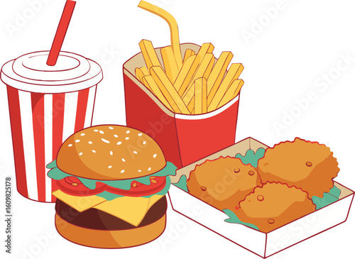 Fast Food Meal: Cheeseburger, Fries, Nuggets, Soda; Cartoon Style; Happy, Fun Mood
