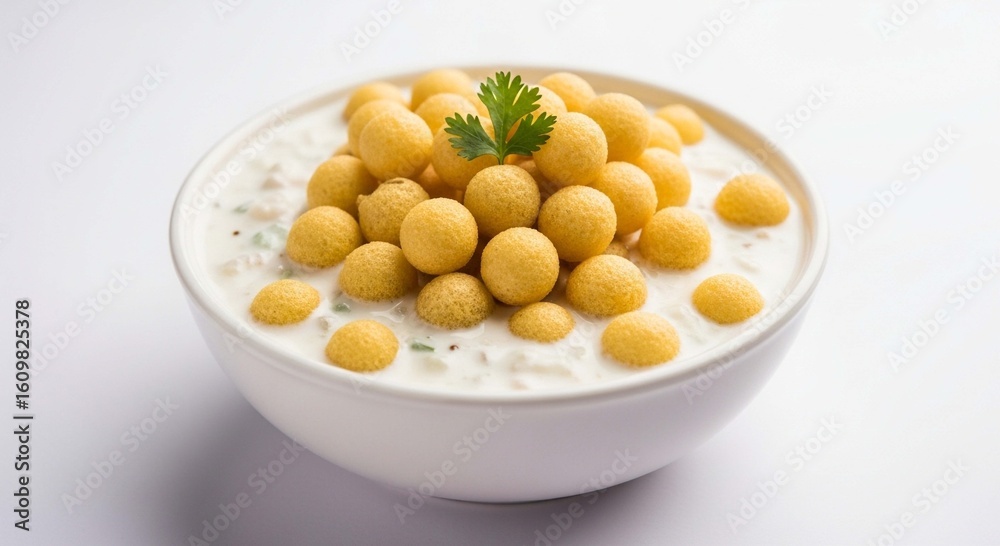 Traditional Indian Boondi Raita, a creamy yogurt dish with crispy fried chickpea flour pearls, served in a white bowl. Traditional Indian Boondi Raita, a creamy yogurt dish with crispy fried chickpea flour pearls, served in a white bowl.