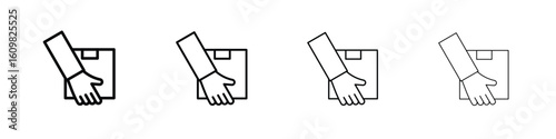 Hand holding box icon in modern stroke line style. Vector 10 eps