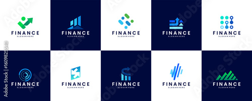 digital finance logo collection, investment consulting services, statistical charts, reports, vector graphic templates.