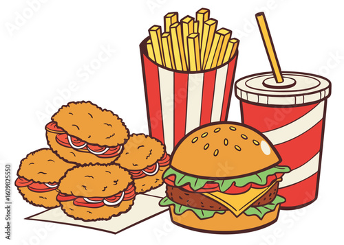 Retro-style fast food illustration: juicy burger, crispy chicken nuggets, fries, and soda.
