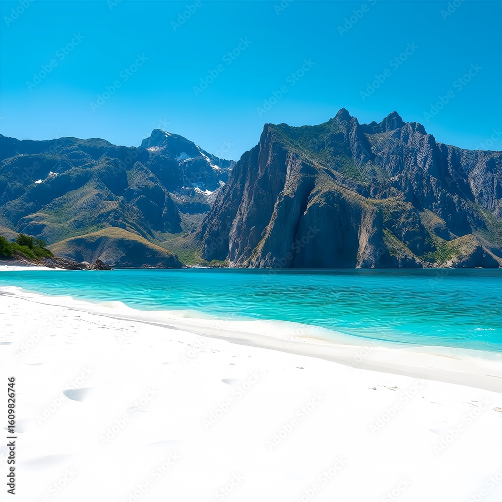 Fototapeta premium stunning tropical beach scene with crystal clear blue water and a stretch of pristine white sand. In the distance, the silhouette of towering green mountains can be seen