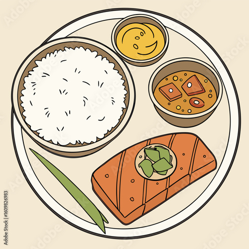 Vibrant illustration of a traditional indian thali meal featuring rice dal and various vegetable curries presented as a colorful and appealing banner or advertisement