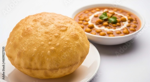 Golden, fluffy Indian puri bread on a white plate served alongside a bowl of spicy chickpea chana masala curry.