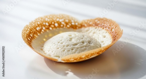 A traditional Sri Lankan appam with a soft white center and crispy, lacy golden-brown edges on a white surface.
