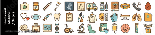 36 pcs Medicine vector icon set with healthcare symbols and tools  