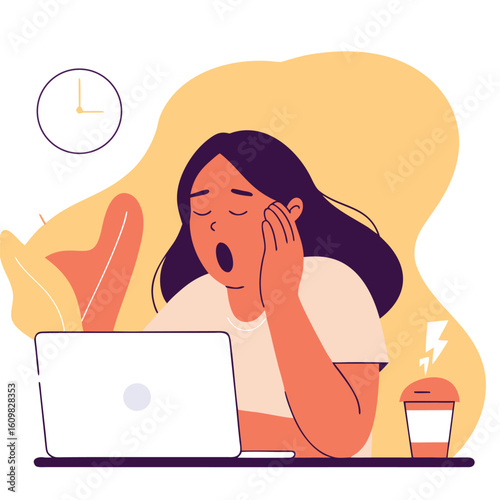 Tired woman yawning at laptop with coffee and clock indicating late hour