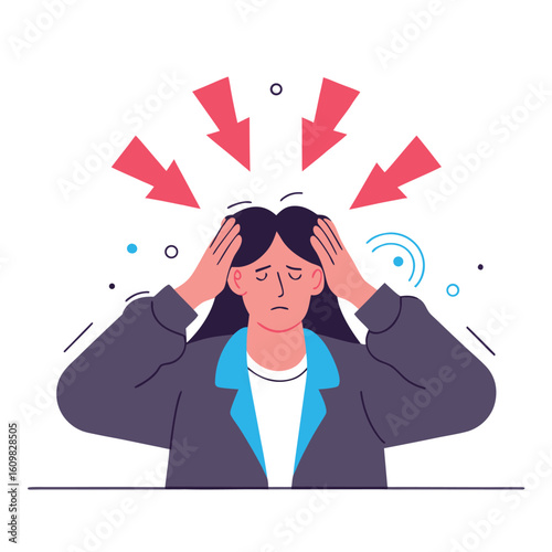 A woman experiencing intense stress and pressure holding her head with a pained expression as red arrows converge towards her