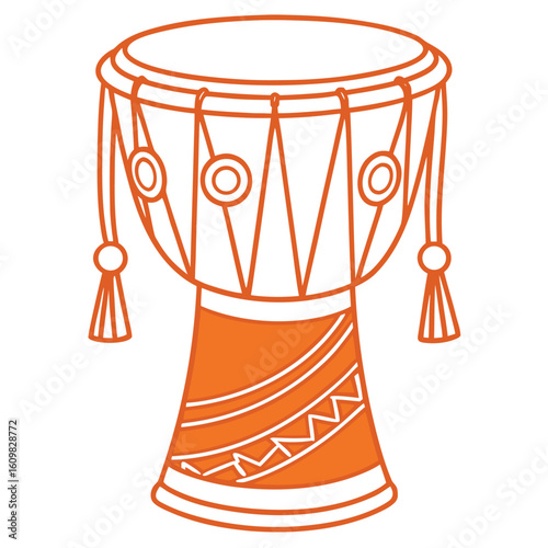 Orange djembe drum with decorative ethnic patterns creates a rhythmic musical vibe with transparent background