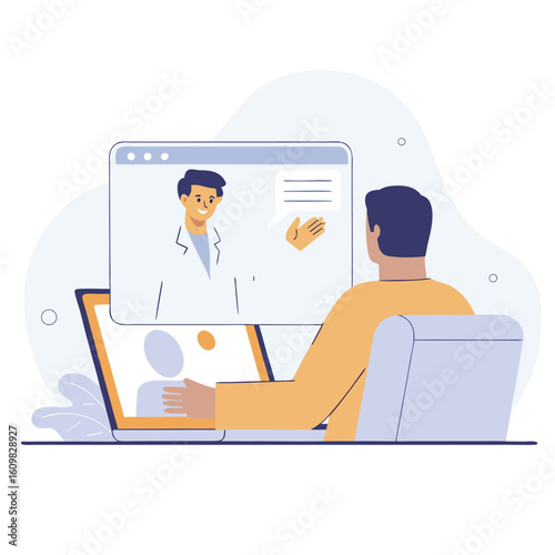 Man consults with a doctor via video call on a laptop receiving medical advice and healthcare remotely