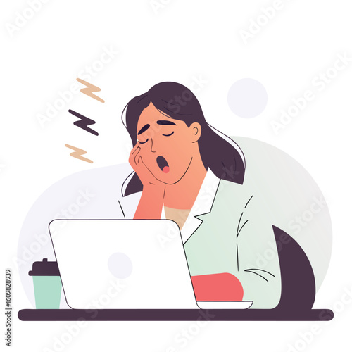 Overworked and exhausted woman yawning while working late on her laptop with a coffee cup nearby