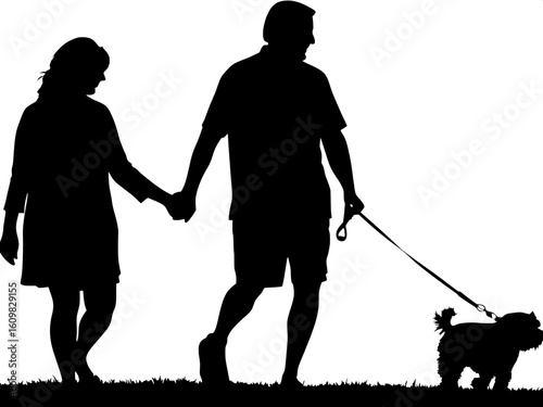 A silhouette of a man and woman walking a small dog together, holding hands.
The figures are side-by-side in profile, the dog trotting slightly ahead on a leash