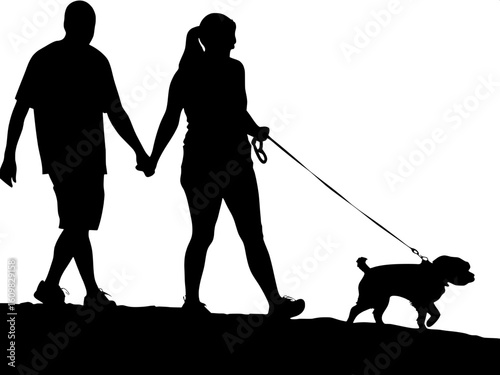 A silhouette of a man and woman walking a small dog together, holding hands.
The figures are side-by-side in profile, the dog trotting slightly ahead on a leash