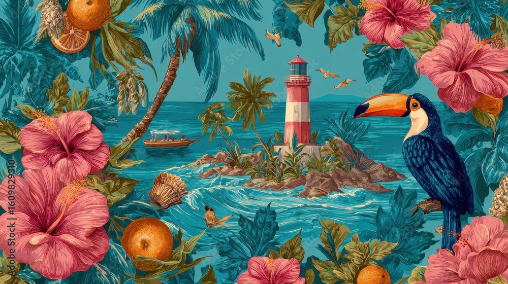 Fototapeta premium Artistic tropical pattern featuring toucan, hibiscus, lighthouse, and oranges on an island with palm trees and a sailboat sailing on water