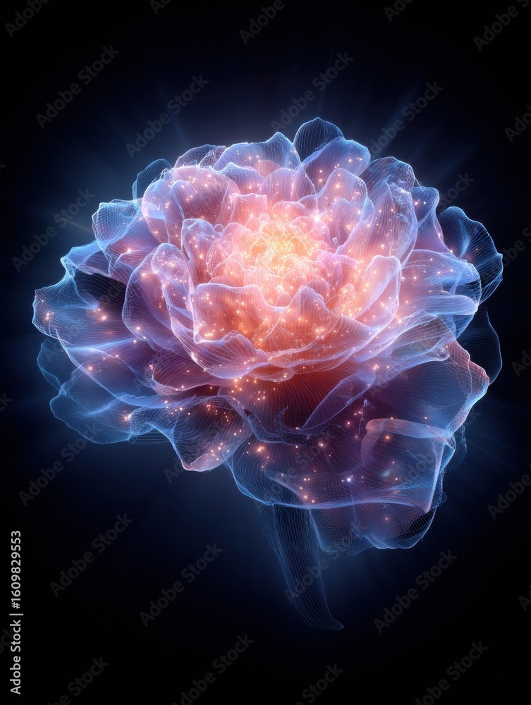 Obraz premium Abstract Brain Transforms Into a Blooming Flower Amidst a Soft Futuristic Backdrop With an Open Space at the Top