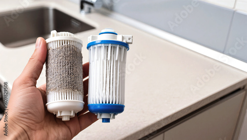 Comparing old and new dishwasher filters held in hand, showing filtration difference. Comparing dishwasher filters demonstrates need for replacement, cleanliness, and improved performance.