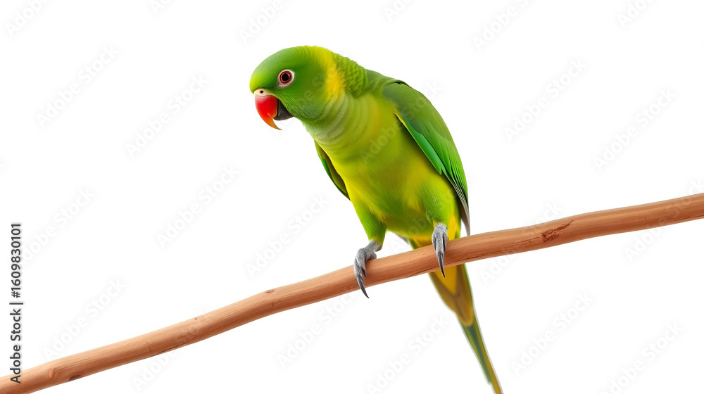 Obraz premium A green alexandrine parakeet perched on a wooden stick against a plain white background studio shot created with